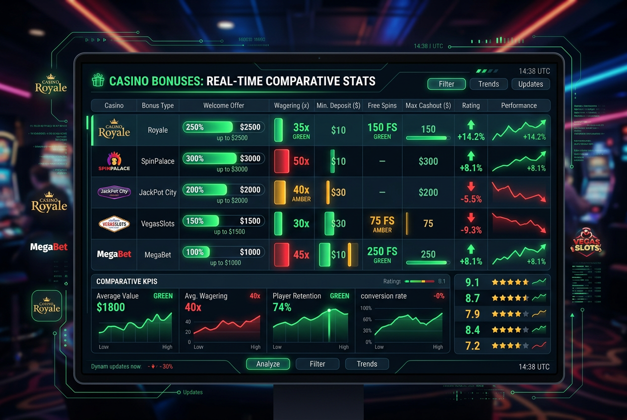 Digitální dashboard srovnávající parametry kasinových bonusů