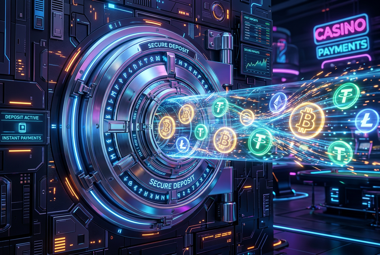 Abstraktní 3D vizualizace kryptoměnových transakcí a digitálního zabezpečení v online kasinu