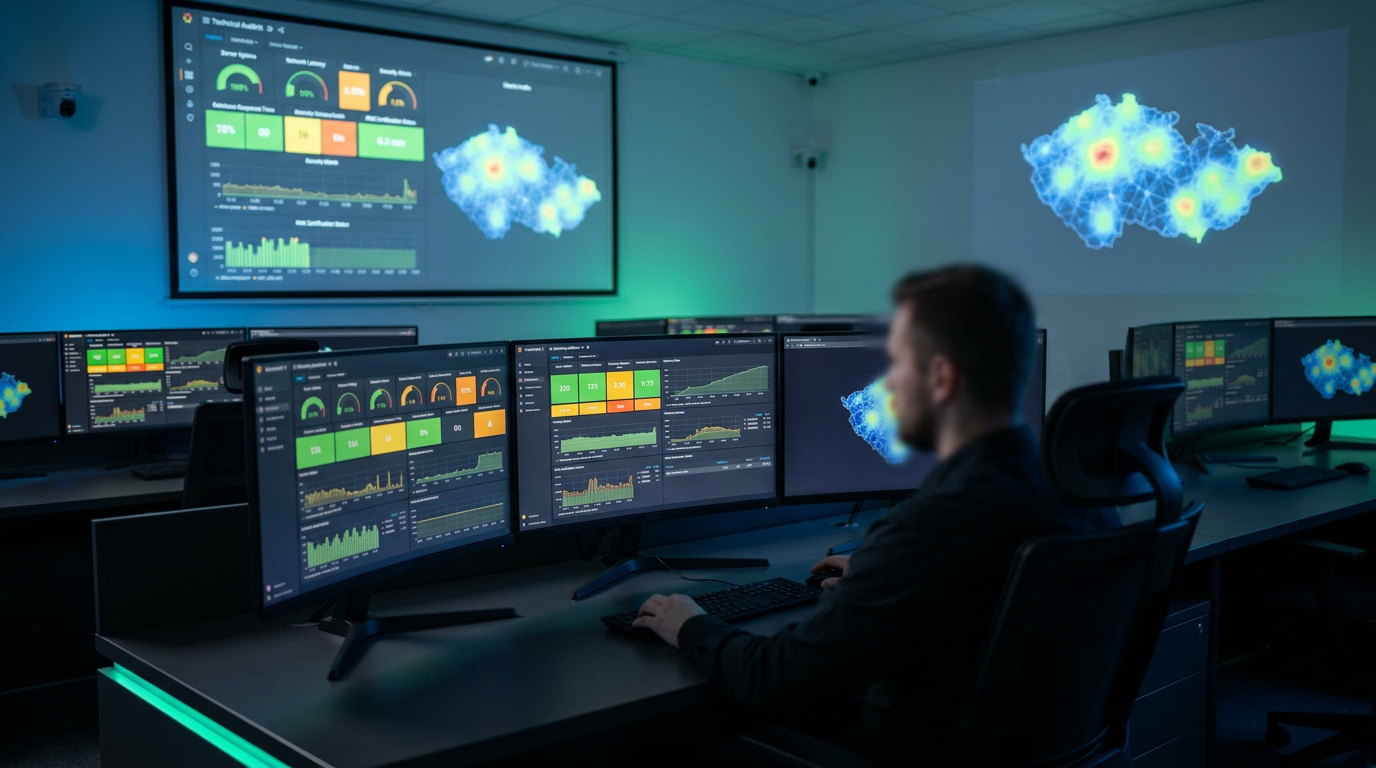 Technický audit online casina na monitorech v bezpečnostním centru