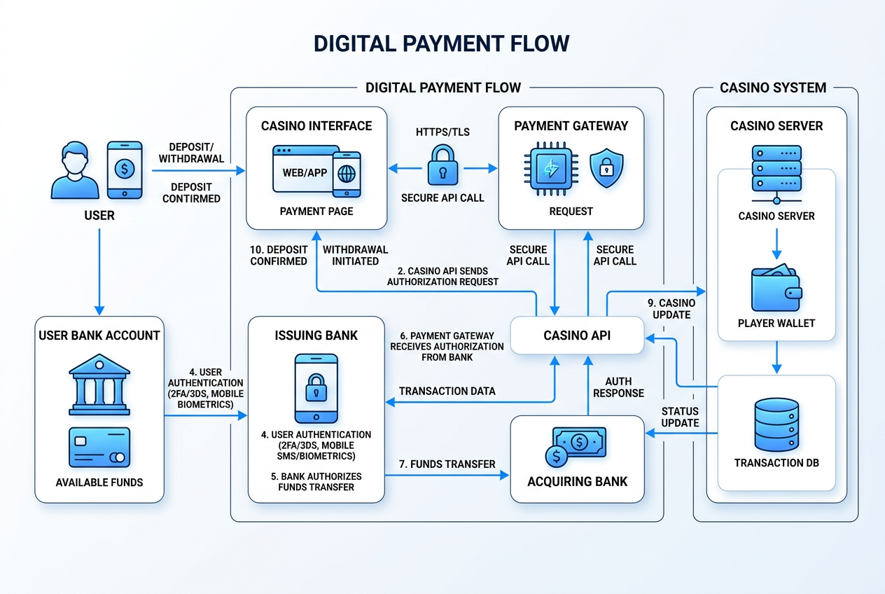 Schéma toku digitálních plateb a API integrace v online casinu